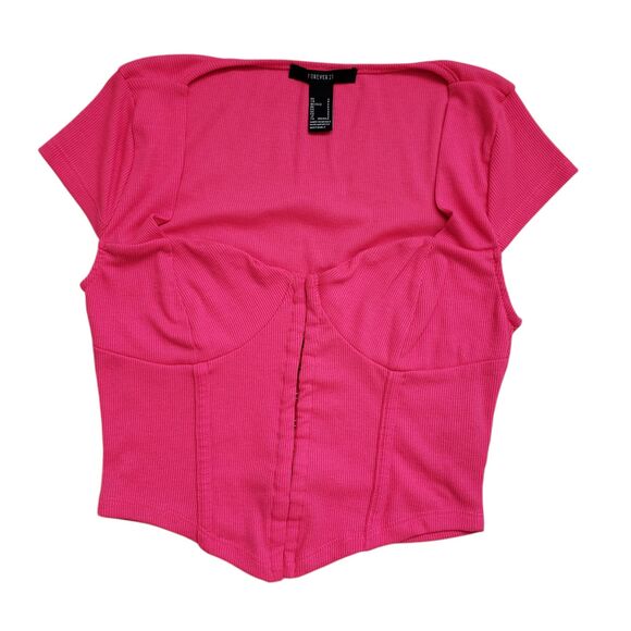 Forever 21 Sweetheart Corset Crop Top Womens Small Pink Rib Knit Hook Eye NWOT - Picture 2 of 11